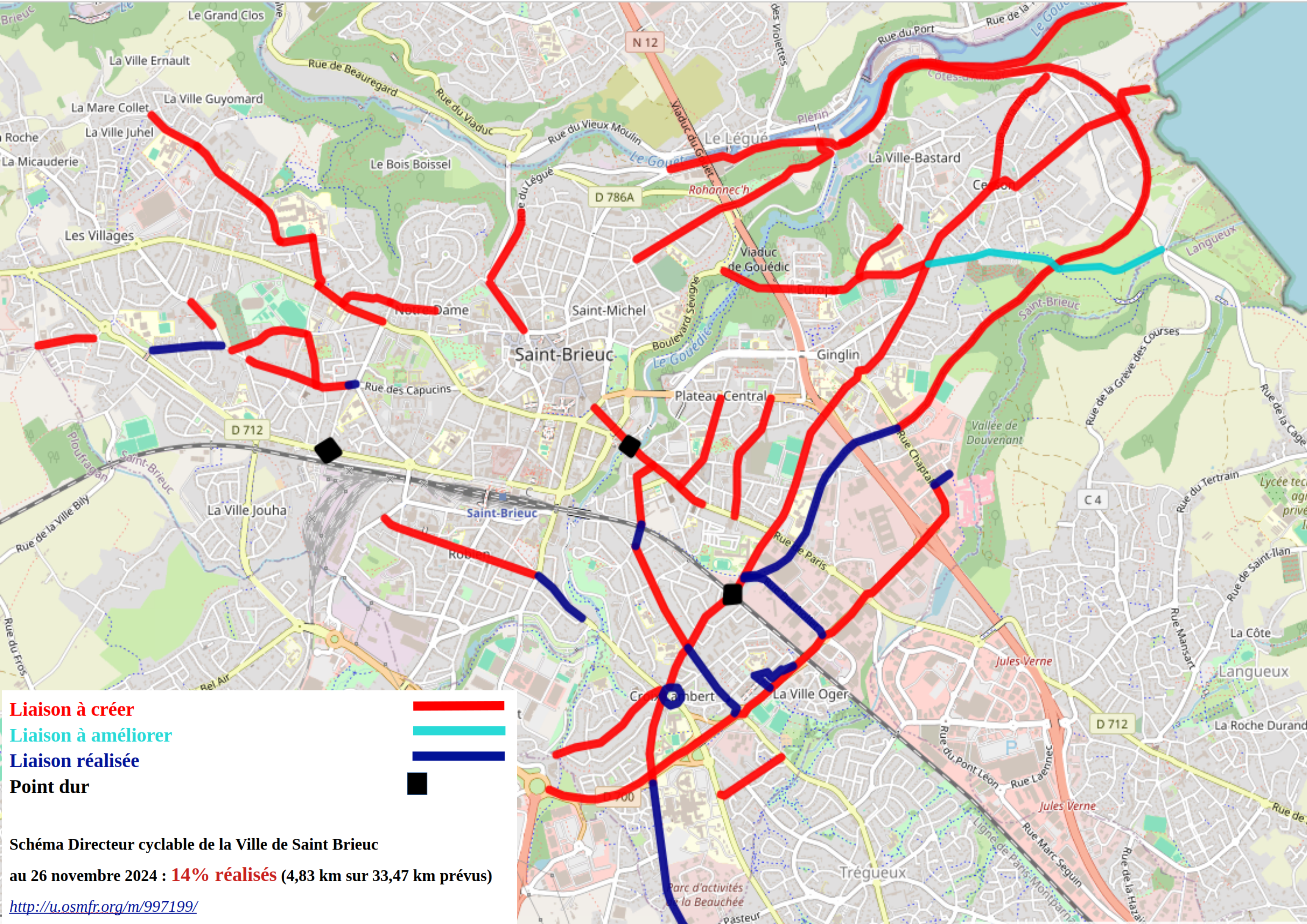 carte de Saint Brieuc avec en rouge les liaisons encore à réaliser